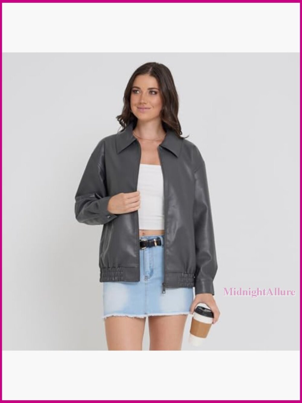Faux Leather Oversized Bomber Jacket Plus Size Motorcycle Style - Picture 5 of 7